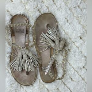 Stuart Weitzman Sandals Womens Tassels Flat Platinum Leather~SIZE 37